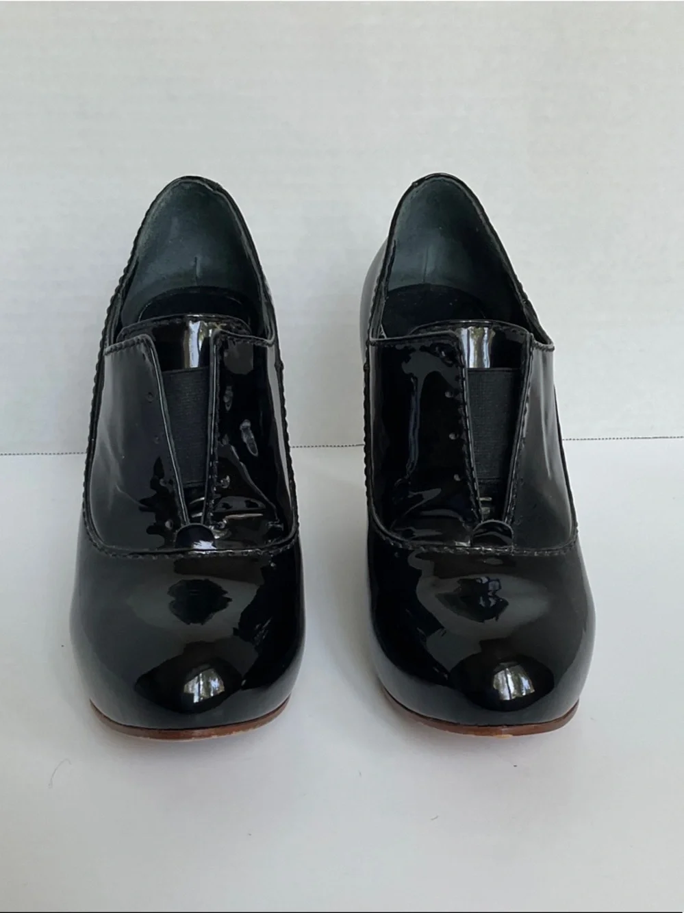 Chloe Black Patent Leather Wedge with Brown Wood Wedge Heel
